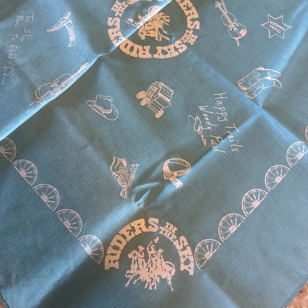 Vtg Riders In The Sky Western Bandana Turquoise White Cowboy Rodeo Handkerchief